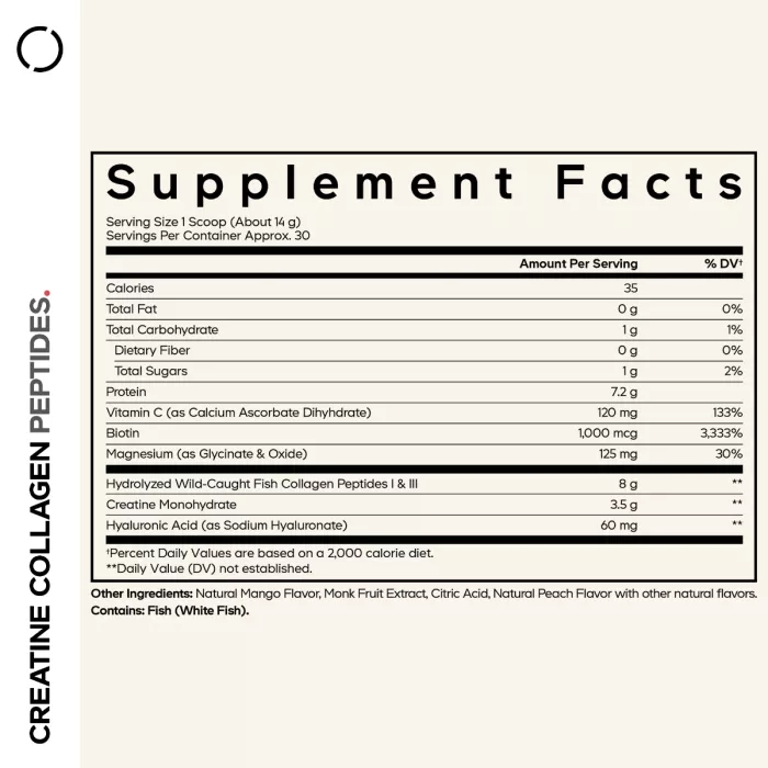 Codeage Creatine Collagen Peptides – Formula Avansata Cu Colagen Marin, Creatina Si Nutrienti Esentiali, Aroma De Mango, 426 G
