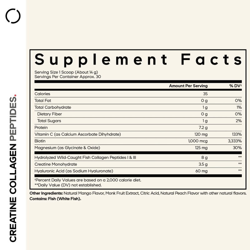 Codeage Creatine Collagen Peptides – Formula Avansata Cu Colagen Marin, Creatina Si Nutrienti Esentiali, Aroma De Mango, 426 G