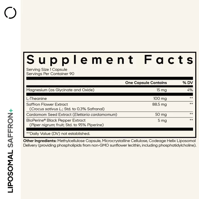 Codeage Liposomal Saffron+, Sofran Lipozomal Premium, L-teanina Si Magneziu Pentru Echilibru Zilnic, 90 Cps