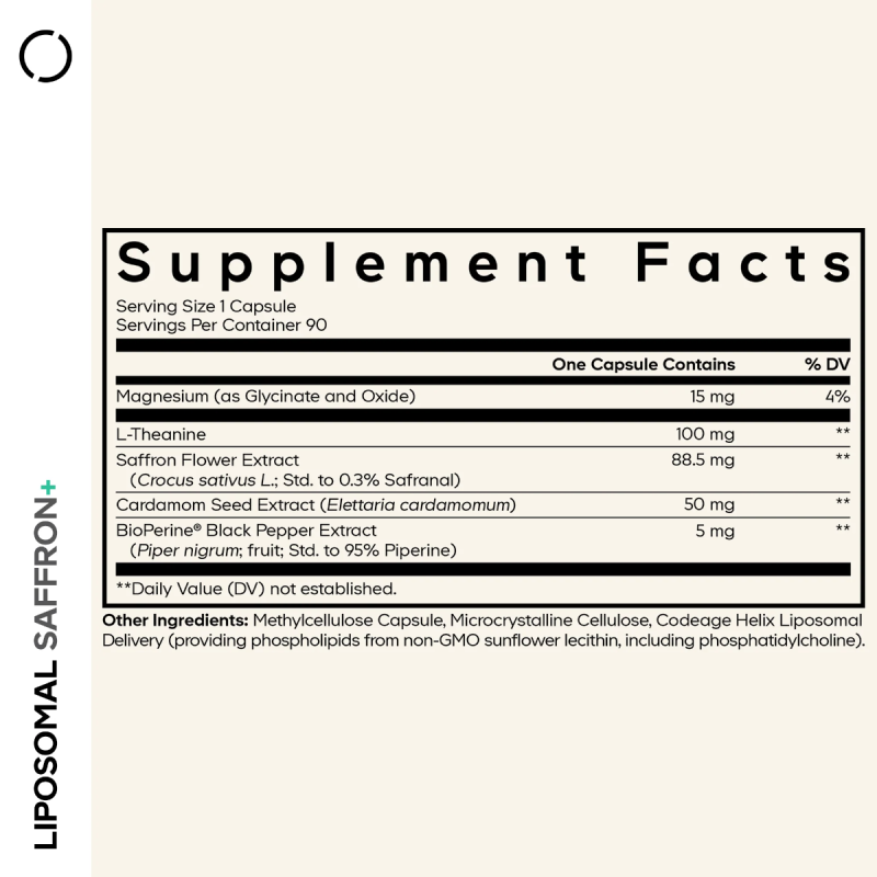 Codeage Liposomal Saffron+, Sofran Lipozomal Premium, L-teanina Si Magneziu Pentru Echilibru Zilnic, 90 Cps