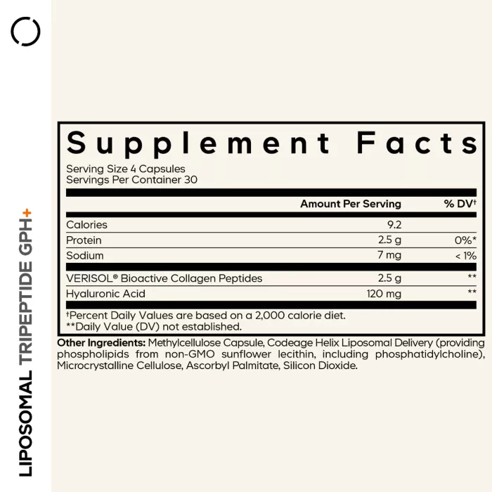 Codeage Liposomal Tripeptide Gph+ – Formula Lipozomala Colagen Verisol Si Acid Hialuronic, 120 Cps
