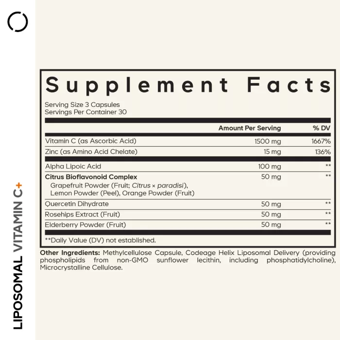 Codeage Liposomal Vitamin C, Vitamina C Liposomala - Formula Avansata Pentru Absorbtie Superioara, 90 Cps