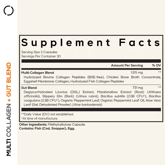Codeage Multi Collagen + Gut Blend Collagen Peptides + Probiotics, Formula Pentru Suport Digestiv Cu Colagen De 5 Tipuri Si Probiotice, 90 Cps