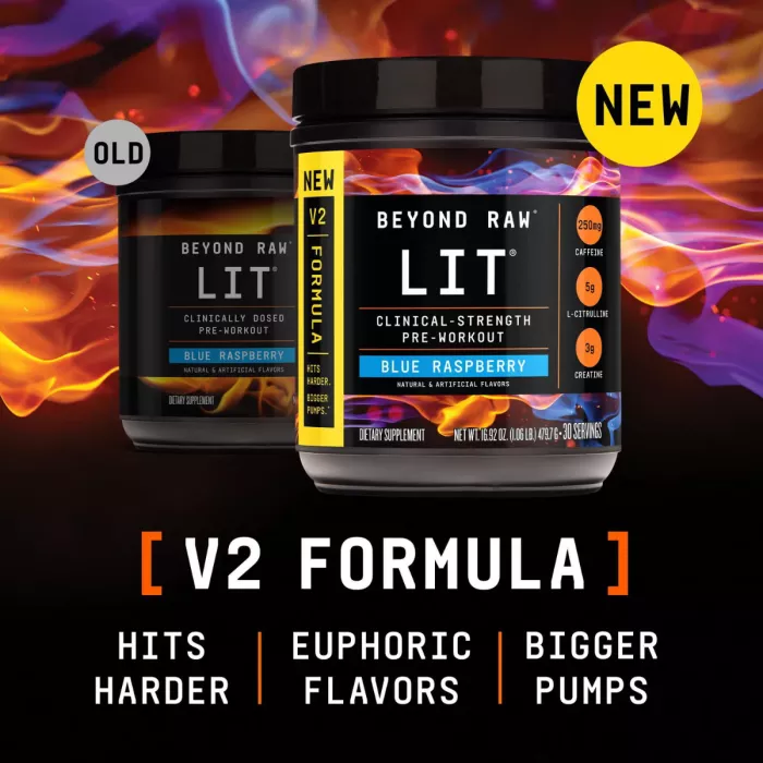 Beyond Raw Lit V2 Pre-workout With Crisp Blue Raspberry Flavor, Pre-workout Cu Aroma De Zmeura Albastra, 479.7 G