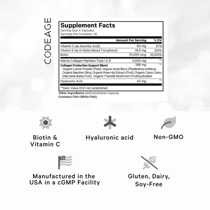 Codeage Biotin Marine Collagen+formula Completa Cu Colagen Marin Si Acid Hyaluronic, 120 Cps Codeage Biotin Marine Collagen+formula Completa Cu Colagen Marin Si Acid Hyaluronic, 120 Cps