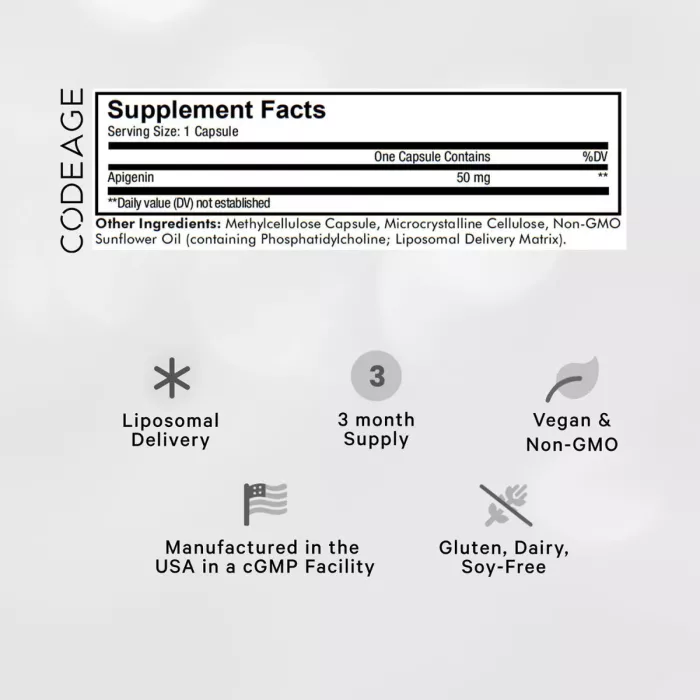 Codeage Liposomal Apigenin 50 Mg , Flavonoid Natural Pentru Sustinerea Relaxarii, Somnului Si Sanatatii Celulare, 90 Cps