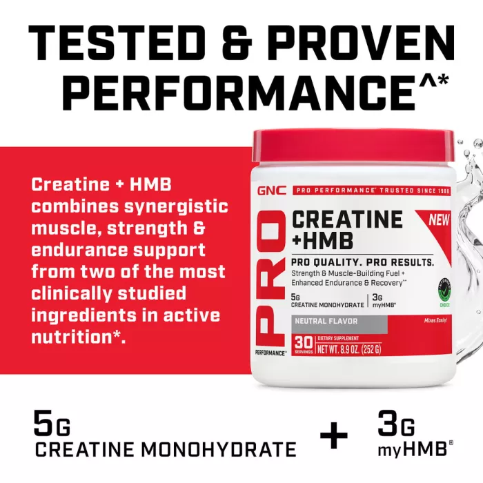Gnc Pro Performance Creatine Monohydrate, Creatina Monohidrata, Formula Imbunatatita Cu Hmb, Pentru Sustinerea Musculaturii Si A Functiei Cognitive, Fara Aroma, 252 G
