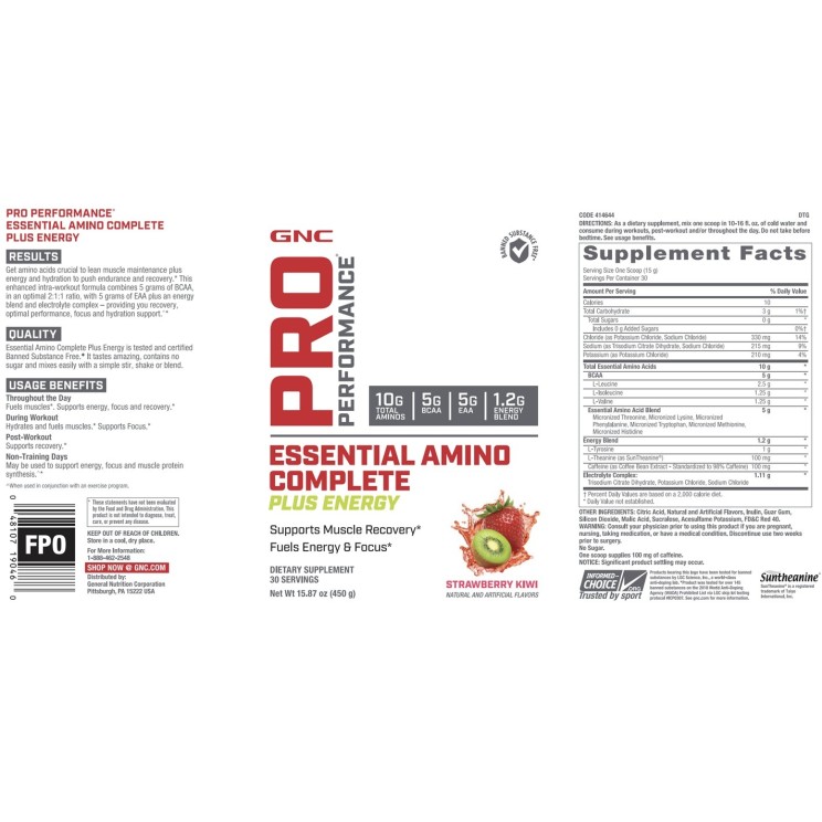 Pro Performance Essential Amino Complete Plus Energy, Aminoacizi, Cu Aroma De Capsuni Si Kiwi (450 G), GNC