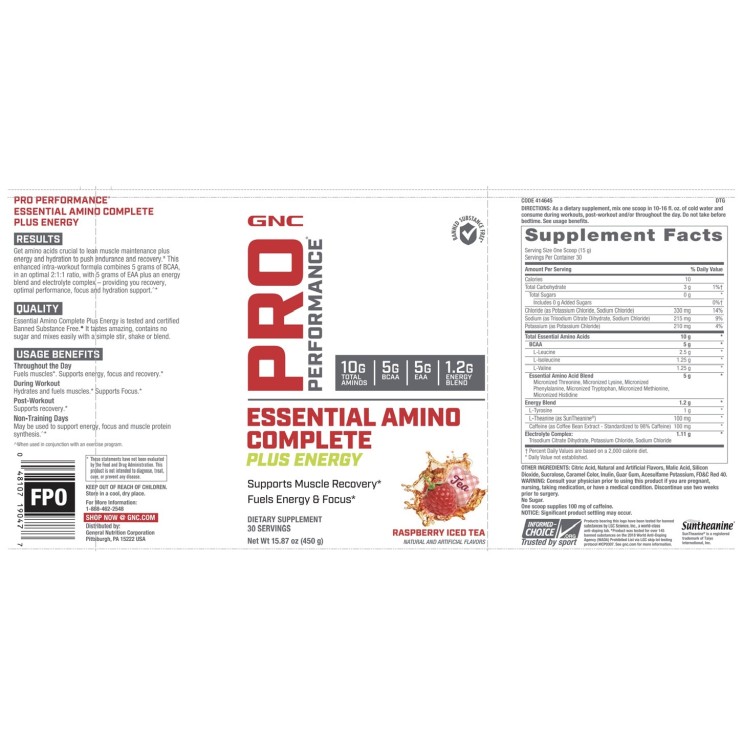 Pro Performance Essential Amino Complete Plus Energy, Aminoacizi, Cu Aroma De Ceai De Zmeura (450 G), GNC