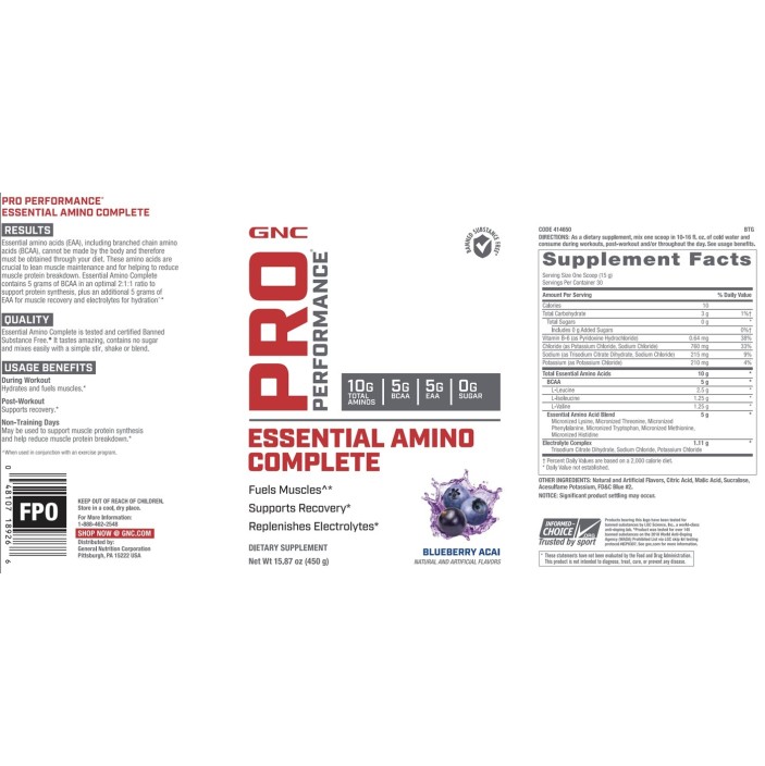 Gnc Pro Performance Essential Amino Complete, Aminoacizi, Cu Aroma De Afine, 450 G