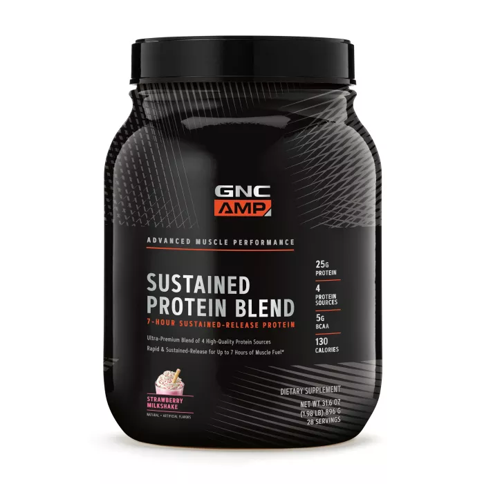 Gnc Amp Sustained Protein Blend, Amestec Proteic Cu Aroma De Milkshake De Capsuni, 896 G Gnc Amp Sustained Protein Blend, Amestec Proteic Cu Aroma De Milkshake De Capsuni, 896 G