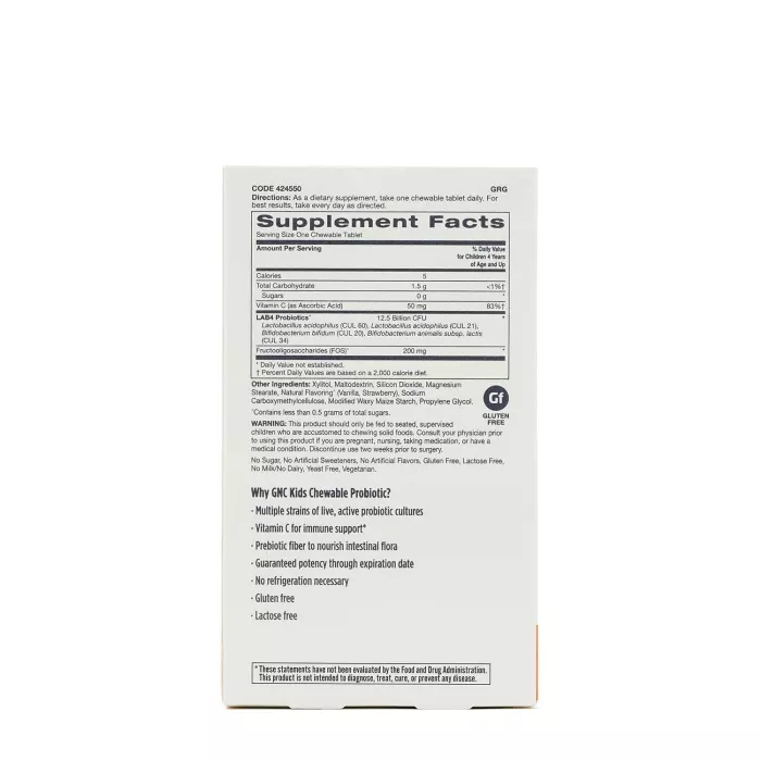 Gnc Milestones Kids Chewable Probiotic, Probiotic Lab4 Studiat Clinic Masticabil Pentru Copii 4-12 Ani, Cu Aroma Naturala De Capsuni, 30 Tb Gnc Milestones Kids Chewable Probiotic, Probiotic Lab4 Studiat Clinic Masticabil Pentru Copii 4-12 Ani, Cu Aroma Naturala De Capsuni, 30 Tb