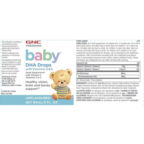 Milestones Baby Dha Drops, Picaturi Cu Dha + Vitamina D Si E Pentru Bebelusi  (60 ml), GNC
