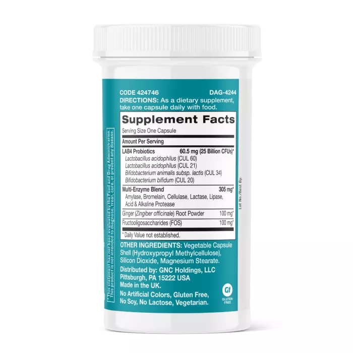 Gnc Gut Health Probiotic With Enzymes, Probiotic Lab4 Studiat Clinic, 25 Miliarde Ufc Culturi Vii, Cu Enzime Digestive Si Ghimbir, 60 Cps