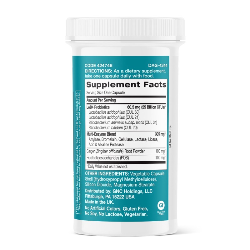 Gnc Gut Health Probiotic With Enzymes, Probiotic Lab4 Studiat Clinic, 25 Miliarde Ufc Culturi Vii, Cu Enzime Digestive Si Ghimbir, 60 Cps