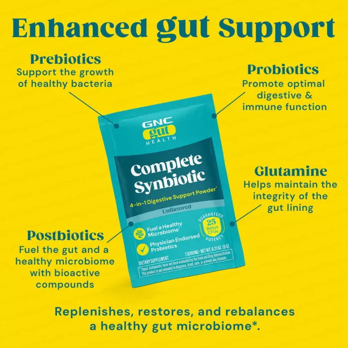 Gnc Gut Health Complete Synbiotic 4-in-1 Digestive Support Powder, Formula Premium Pentru Sustinerea Digestiei Si A Imunitatii, Cu Prebiotice, Probiotice Si Postbiotice, 180 G