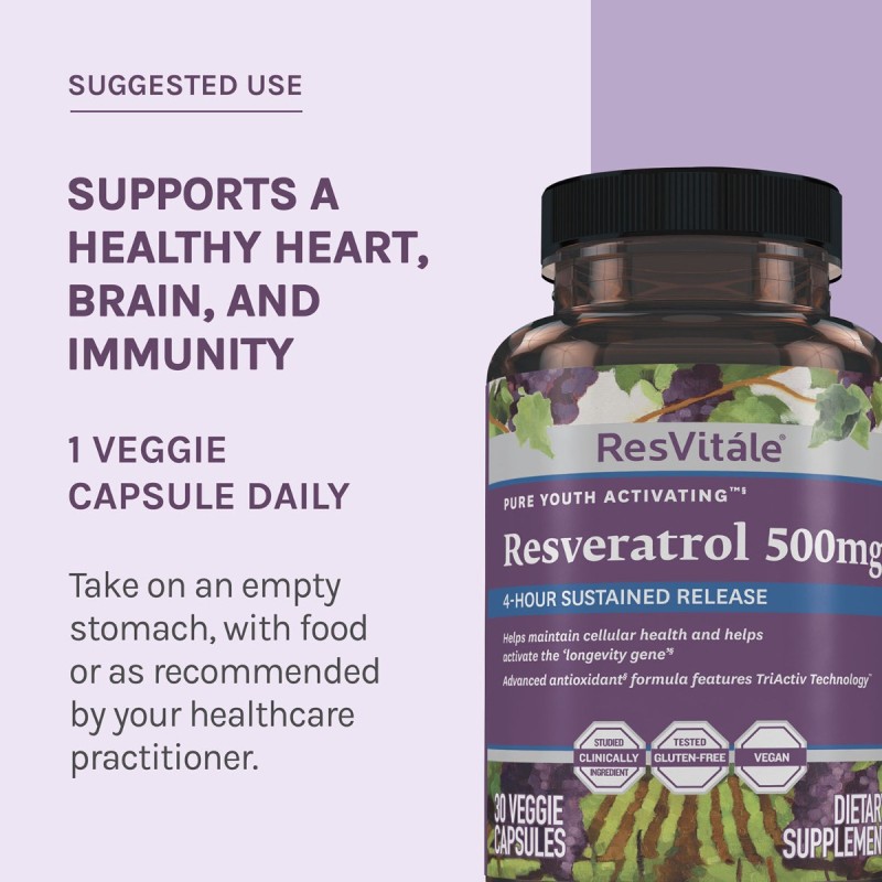 Resvitale Resveratrol 500 Mg Cu Quercetina, Formula Avansata Triactiv Pentru Activarea Genei Longevitatii Cu Trans-resveratrol, 60 Cps