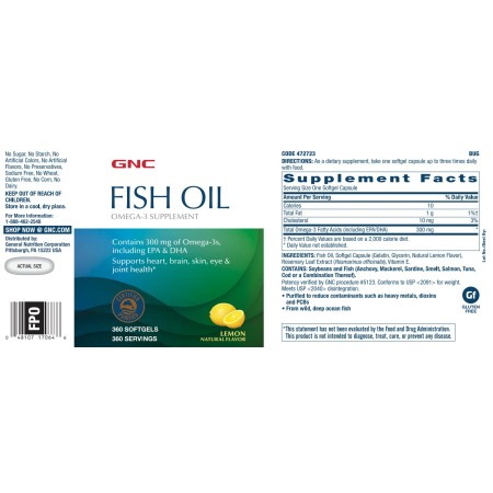 Gnc Fish Oil, Ulei De Peste Cu Aroma Naturala De Lamaie, 360 Cps