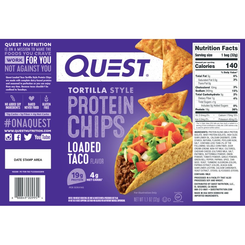 Quest Tortilla Style Protein Chips, Chipsuri Proteice, Cu Aroma De Taco, 32 G