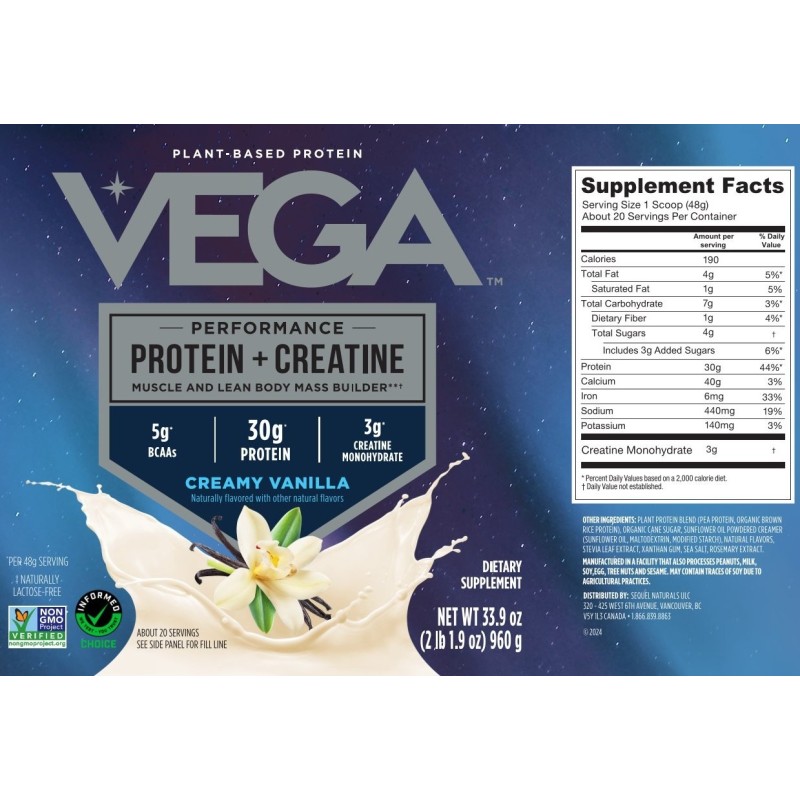 Vega Protein + Creatine Creamy Vanilla Flavor, Proteina Vegetala + Creatina Cu Aroma De Vanilie, 960 G