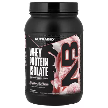Nutrabio 100% Whey Protein Isolate, Izolat Proteic Din Zer Cu Aroma De Inghetata Cu Capsuni, 907 G