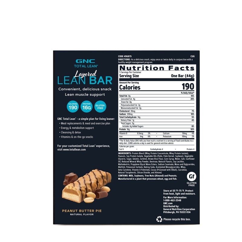 Gnc Total Lean Layered Lean Bar, Baton Proteic Cu Aroma De Placinta De Unt De Arahide, 44g