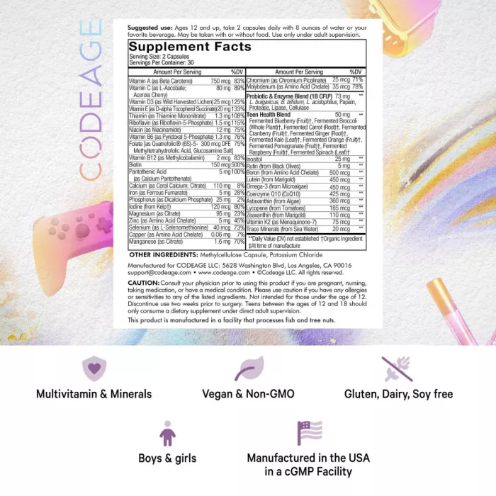 Codeage Teen Fermented Vegan Multivitamin, Multivitamine Vegane Fermentate Pentru Adolescenti, 60 Cps