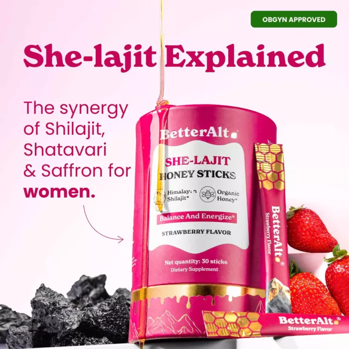 Better Alt She-lajit Honey Sticks, Pliculete De Shilajit Din Himalaya Si Extract De Shatavari Cu Aroma De Capsuni, 30 Pliculete