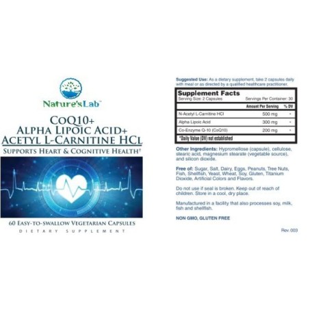 Nature's Lab Coq10 + Alpha Lipoic Acid + Acetyl L-carnitine Hcl, Formula Complexa Pentru Sustinerea Sanatatii Cardiovasculare, Functiei Cognitive Si Productiei Naturale De Energie, 60 Cps