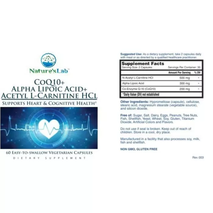 Nature's Lab Coq10 + Alpha Lipoic Acid + Acetyl L-carnitine Hcl, Formula Complexa Pentru Sustinerea Sanatatii Cardiovasculare, Functiei Cognitive Si Productiei Naturale De Energie, 60 Cps
