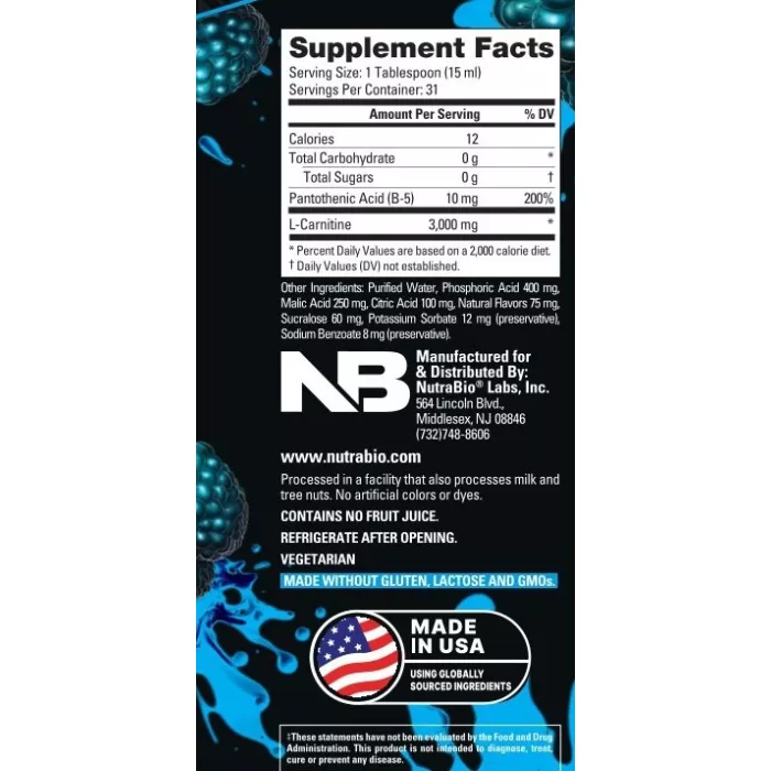 Nutrabio L-carnitine 3000 Blue Razz Flavor, L-carnitina Lichida, Cu Aroma De Punch De Blue Razz, 473 Ml