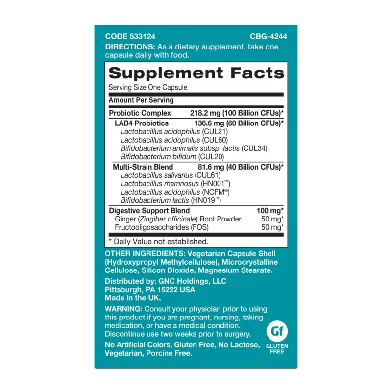 Gnc Gut Health Probiotic Extra Strength Multi Strain 100 Billion Cfus, Probiotic Lab4 Studiat Clinic, 100 Miliarde Culturi Vii, 20 Cps