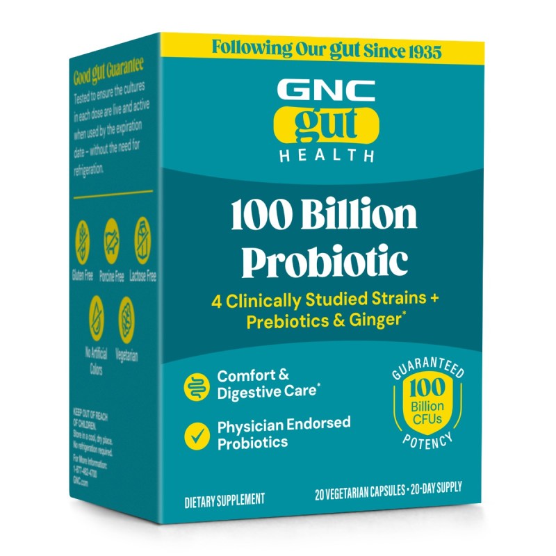 Gnc Gut Health Probiotic Extra Strength Multi Strain 100 Billion Cfus, Probiotic Lab4 Studiat Clinic, 100 Miliarde Culturi Vii, 20 Cps