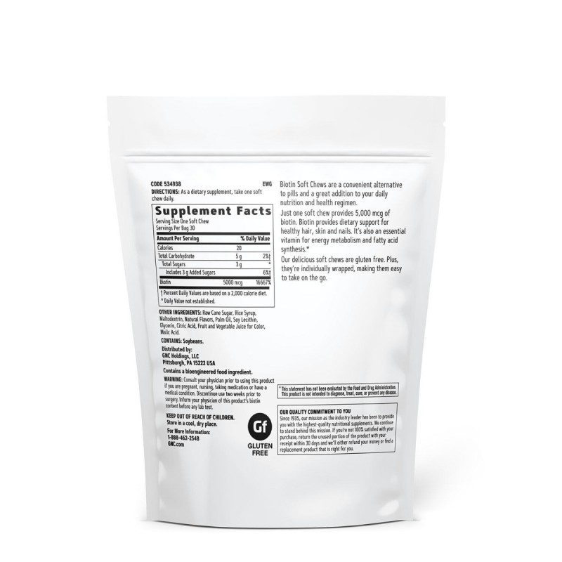 Gnc Biotin 5000 Mcg, Biotina Pentru Sanatatea Parului, Pieli Si Unghiilor, 30 Caramele