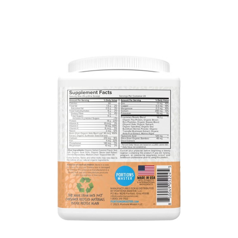 Portions Master Vegan Collagen Builder, Formula Speciala Pentru Productia De Colagen Cu Aroma De Caramel Sarat, 500 G