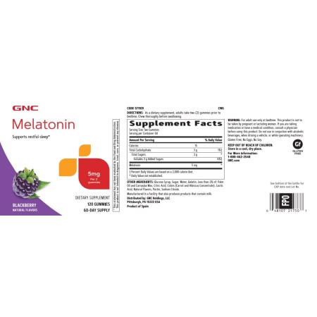 Gnc Melatonin 5 Mg Gummies, Melatonina 5 Mg Jeleuri Cu Aroma Naturala De Mure, 120 Jeleuri