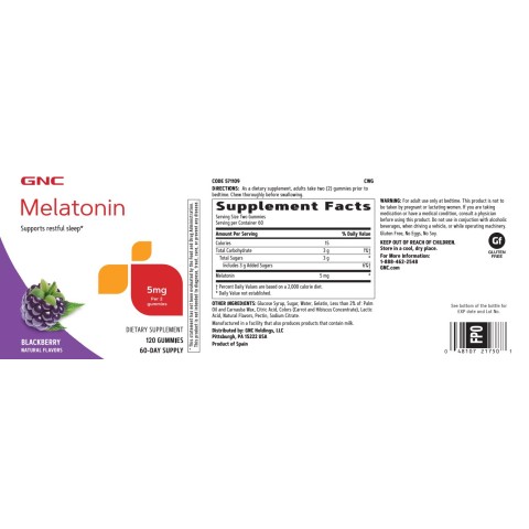Gnc Melatonin 5 Mg Gummies, Melatonina 5 Mg Jeleuri Cu Aroma Naturala De Mure, 120 Jeleuri