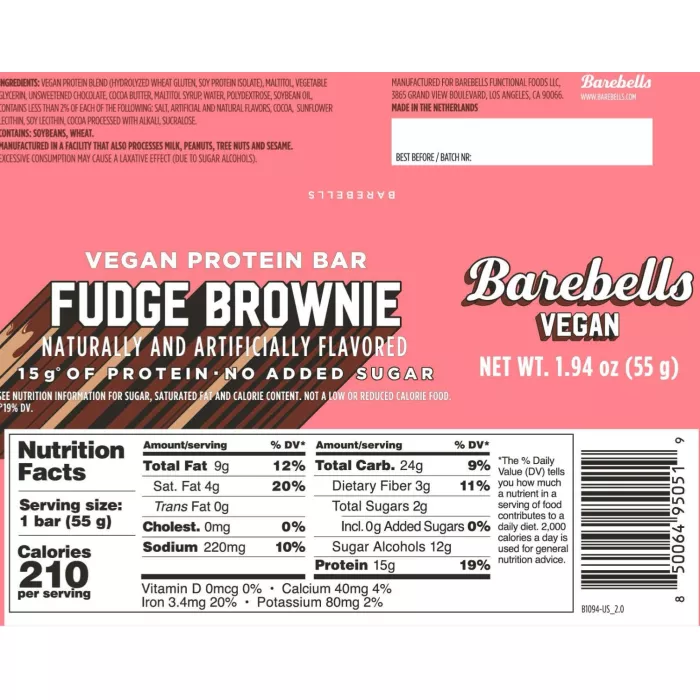 Barebells Vegan Protein Bar, Baton Proteic Vegan Cu Aroma Fudge Brownie, 55 G