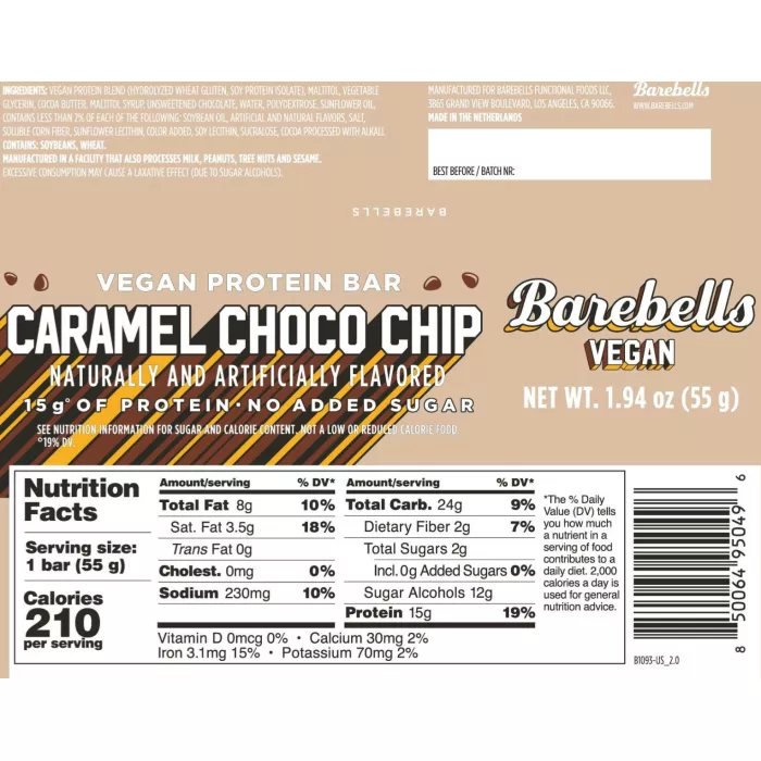 Barebells Vegan Protein Bar With Caramel Choco Chip Flavor, Baton Proteic Vegan Cu Aroma De Caramel Si Chipsuri De Ciocolata, 55 G