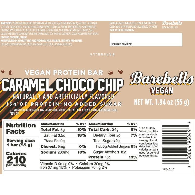 Barebells Vegan Protein Bar With Caramel Choco Chip Flavor, Baton Proteic Vegan Cu Aroma De Caramel Si Chipsuri De Ciocolata, 55 G