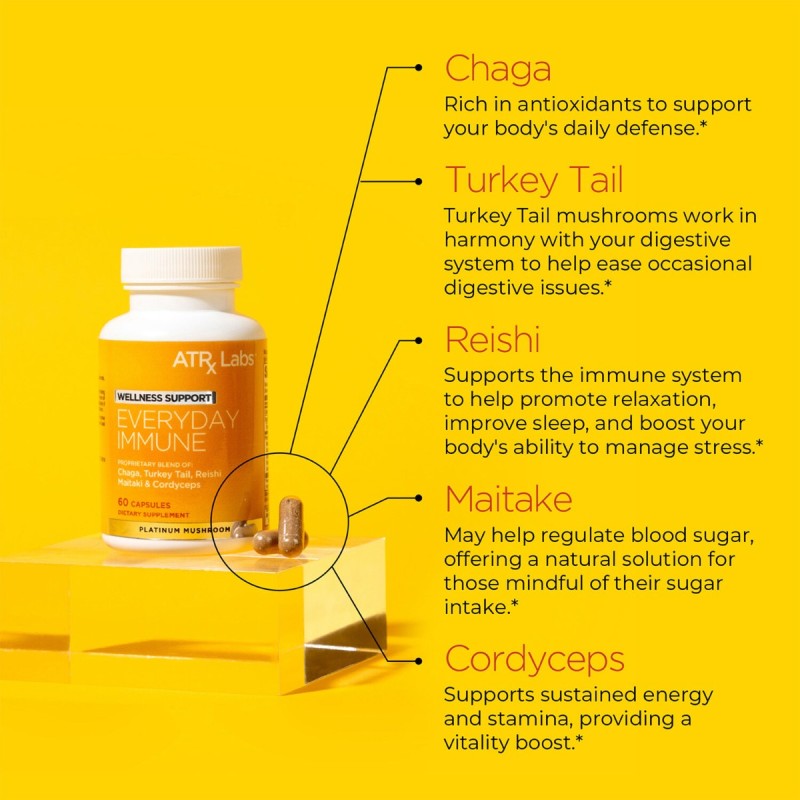 Atrx Labs Everyday Immune Platinum Mushroom Blend, Formula Avansata Cu Ciuperci Pentru Imunitate Puternica, 60 Cps