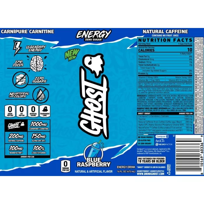 Ghost Energy Drink With Blue Raspberry Flavor, Bautura Energizanta Cu Aroma De Zmeura Albastra, 473 Ml