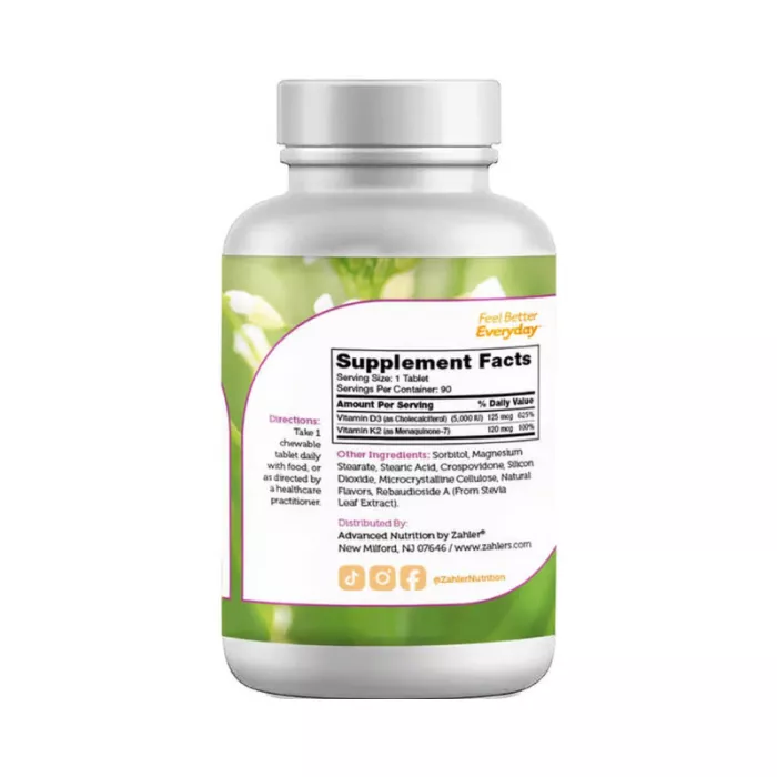 Zahler Chewable Vitamin D3 And K2, Vitamina D3+k2 Masticabila, Formula Avansata Pentru Absorbtie Superioara, 90 Tb