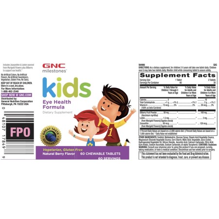 Gnc Milestones Kids Eye Health, Formula Pentru Copii, Suport Pentru Sanatatea Vizuala, Cu Gust Natural De Fructe De Padure, 60 Tb
