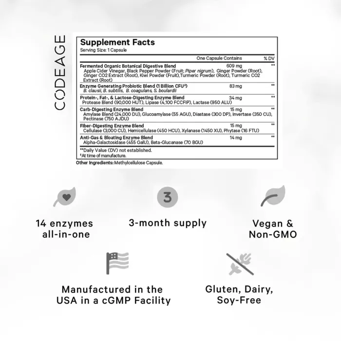 Codeage Fermented Digestive Enzymes With Probiotics & Prebiotics, Enzime Digestive Cu Probiotice Si Prebiotice Pentru Sustinerea Digestiei, 90 Cps Codeage Fermented Digestive Enzymes With Probiotics & Prebiotics, Enzime Digestive Cu Probiotice Si Prebiotice Pentru Sustinerea Digestiei, 90 Cps