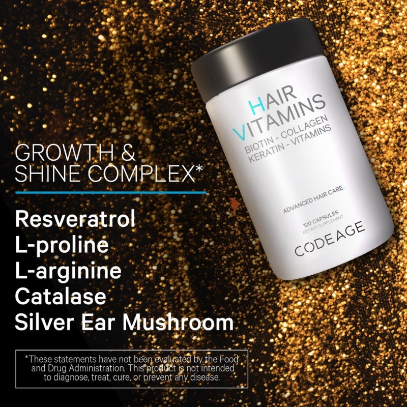 Codeage Hair Vitamins - Biotin 10000 Mcg - Collagen - Keratin & Multivitamins, Complex De Multivitamine Pentru Sanatatea Parului, 120 Cps