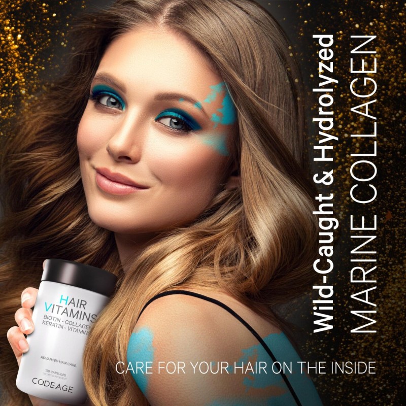 Codeage Hair Vitamins - Biotin 10000 Mcg - Collagen - Keratin & Multivitamins, Complex De Multivitamine Pentru Sanatatea Parului, 120 Cps