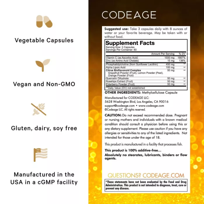 Codeage Liposomal Vitamin C, Vitamina C Liposomala - Formula Avansata Pentru Absorbtie Superioara, 180 Cps Codeage Liposomal Vitamin C, Vitamina C Liposomala - Formula Avansata Pentru Absorbtie Superioara, 180 Cps