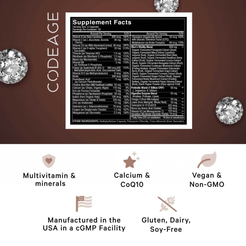 Codeage Men's Fermented Multivitamin, Formula Completa Pentru Sanatatea Intregului Organism, 120 Cps