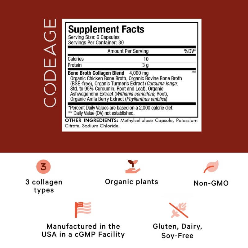 Codeage Bone Broth Collagen Peptides, Peptide Din Colagen De Tipul I, Ii & Iii Din Fiertura De Oase Cu Turmeric Si Ashwagandha, 180 Cps